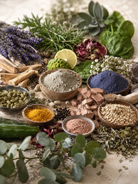 Colorful handmade soaps made with mica, clays and botanical powders