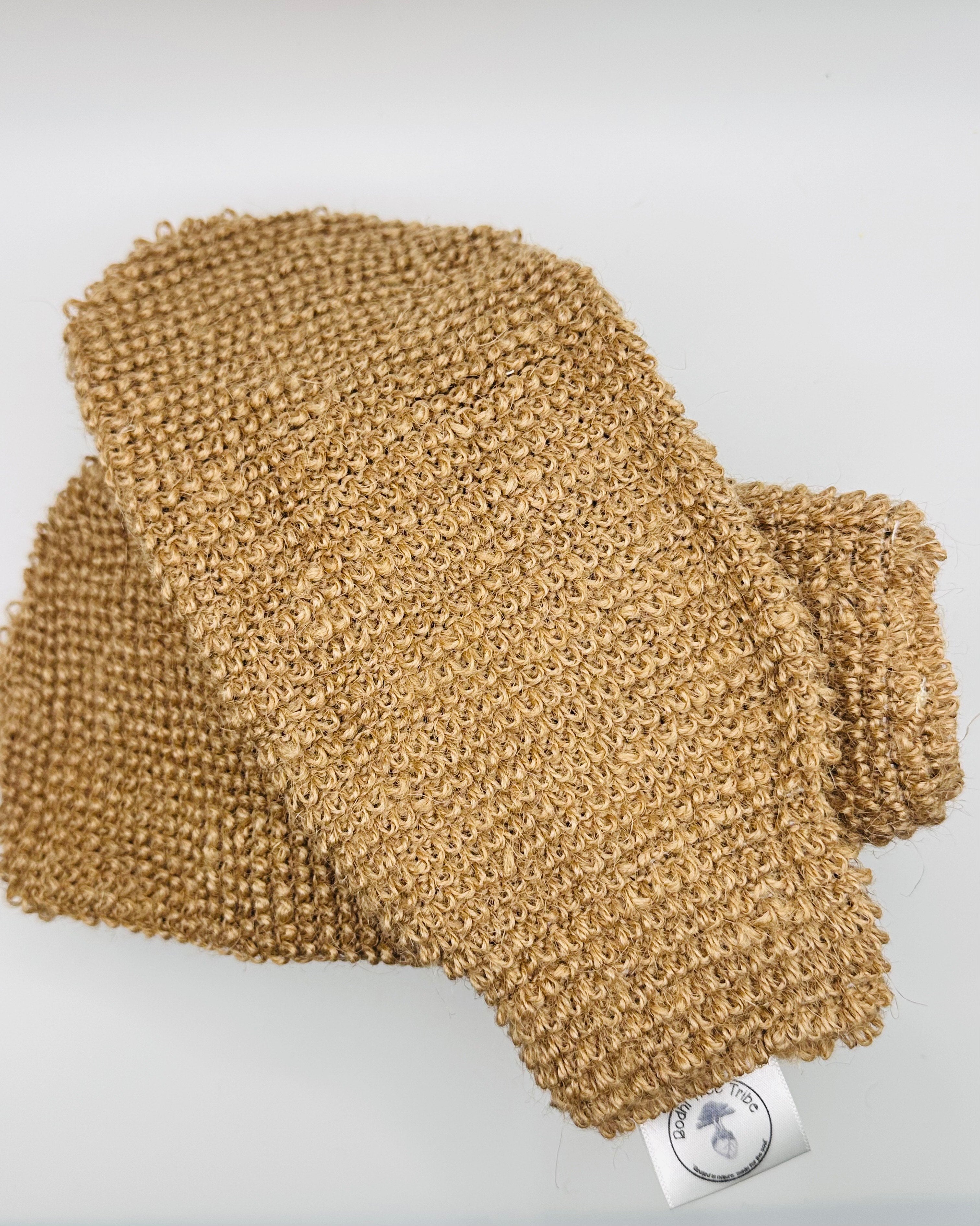 Eco-friendly organic jute bath gloves made with natural ingredients/materials, designed for holistic self-care and ritual cleansing. Bodhi Tree Tribe."

