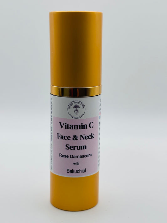 Vitamin C Serum | Rose Damascena & Bakuchiol Blend (1 oz.). A luminous blend of nature’s finest: powerful Vitamin C, plant-based Bakuchiol (the gentle retinol alternative), and a bouquet of Rosehip, Raspberry, and Blueberry oils. This serum targets fine lines, evens skin tone, and infuses your skin with antioxidants for that radiant, lit-from-within glow.
